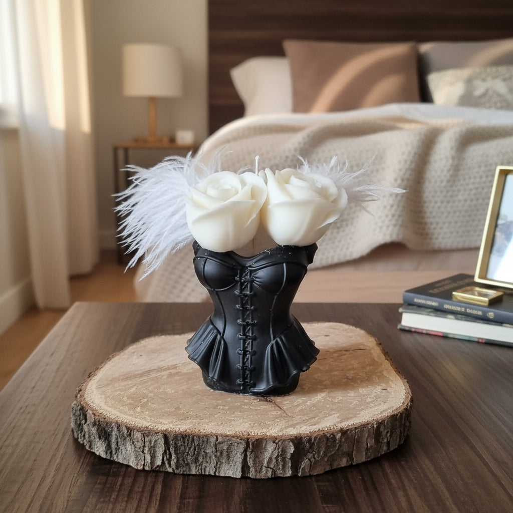 Vase en résine & bouquet de fleurs bougies
