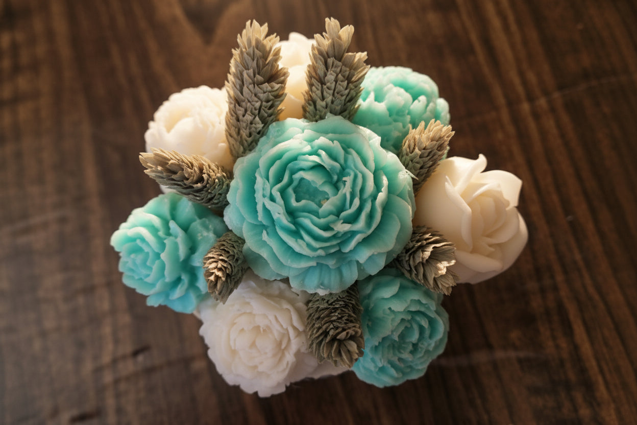 Composition Florale en Cire — Pot en Plâtre Bohème