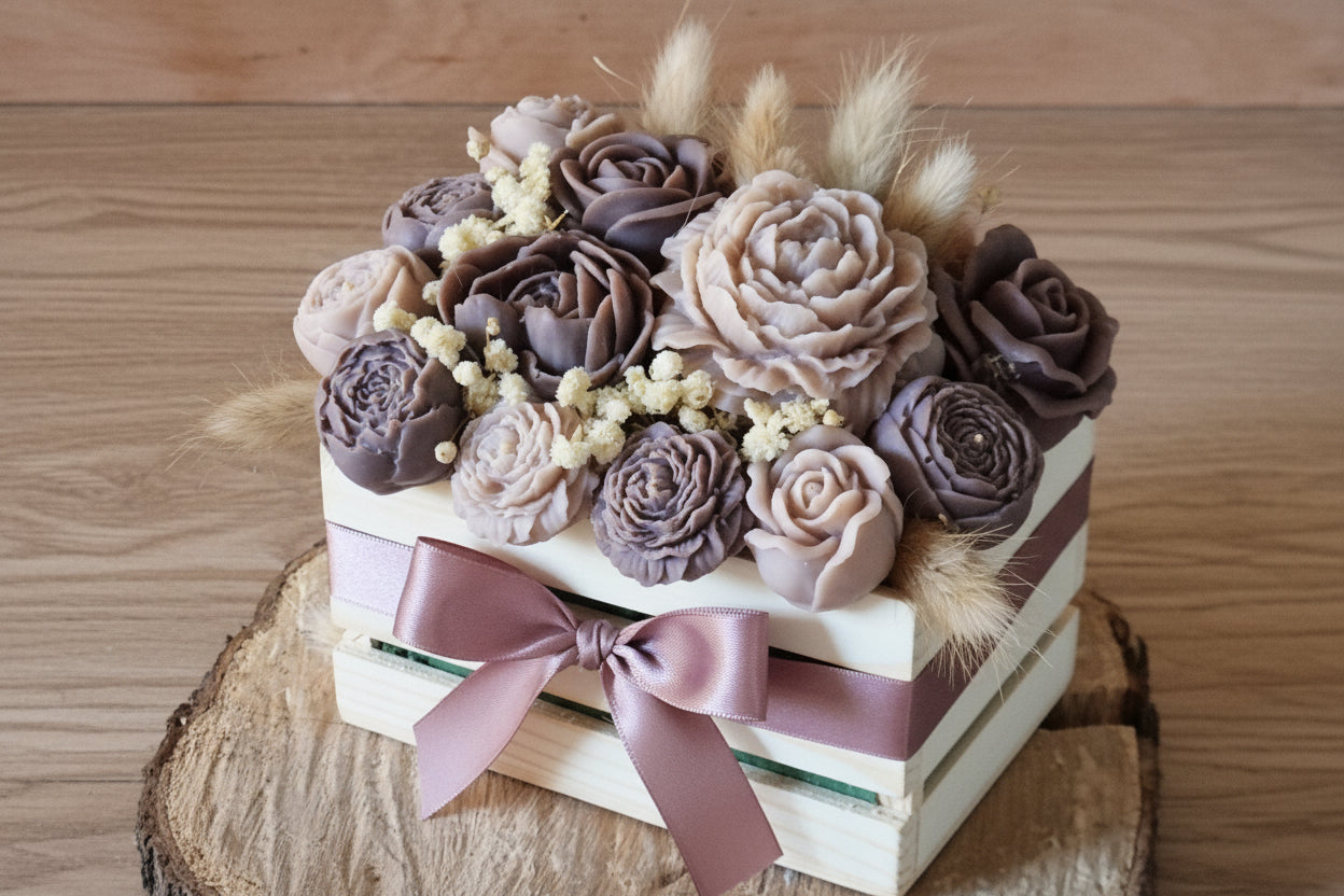 Composition Florale en cire de soja et olive Caisse Bois