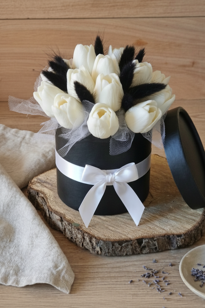 Bouquet de tulipes en cire & fleurs séchées – Coffret fleuri