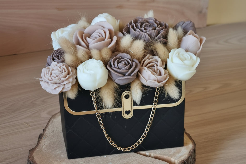 Composition Florale en Cire — Sac Noir & Chaîne Dorée