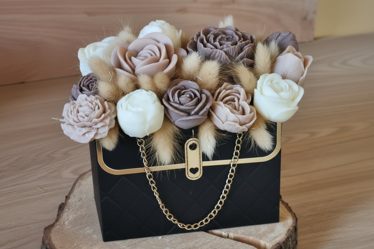 Composition Florale en Cire — Sac Noir & Chaîne Dorée